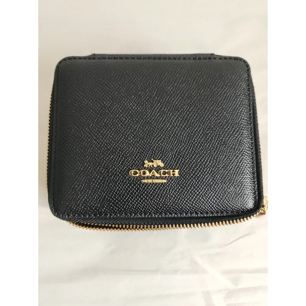 Coach Black Crossgrain Leather Small Jewelry Box Travel Case Mirror Gold Logo
